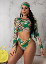 Load image into Gallery viewer, 2019 new women Indie folk vintage print long sleeve top panties suits with head scarf beach outfit bodysuit B9155