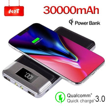 Load image into Gallery viewer, 30000mAh QI Wireless Power Bank Large Capacity Portable Wireless Charger Digital Display LED Lighting Outdoor Travel Charger
