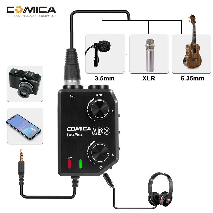 Comica LinkFlex AD3 Two-channels XLR/3.5mm/6.35mm-3.5mm Audio Preamp Mixer Adapter for Guitar microphone to Camera Smartphone
