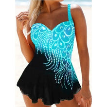 Load image into Gallery viewer, Feather Print Tankini Patchwork Swimwear Plus Size Two Piece Push Up Bathing Suit Retro Tummy Control Halter Swim Dress Swimsuit