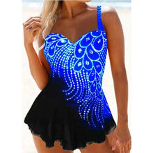 Load image into Gallery viewer, Feather Print Tankini Patchwork Swimwear Plus Size Two Piece Push Up Bathing Suit Retro Tummy Control Halter Swim Dress Swimsuit