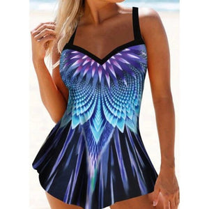 Feather Print Tankini Patchwork Swimwear Plus Size Two Piece Push Up Bathing Suit Retro Tummy Control Halter Swim Dress Swimsuit