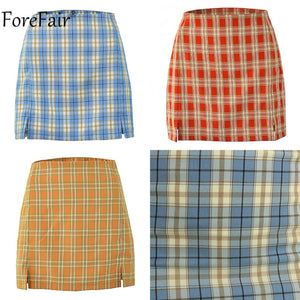 Forefair Mini Plaid Print Skirt Women Pencil Bodycon Split Summer Casual High Waist Short Harajuku Skirt Ladies Kawaii