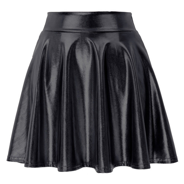 Grace Karin Imitated Leather Shiny Metallic-Like Skater Skirt Women Sexy Short Mini Skirt 2020 Summer Pleated Flare A-Line Skirt