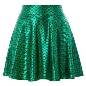 Grace Karin Imitated Leather Shiny Metallic-Like Skater Skirt Women Sexy Short Mini Skirt 2020 Summer Pleated Flare A-Line Skirt