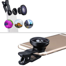 Load image into Gallery viewer, 3-in-1 Wide Angle Macro Fisheye Lens Camera Kits Mobile Phone Fish Eye Lenses with Clip 0.67x for iPhone Samsung All Cell Phones