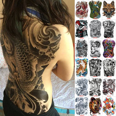 48*35 cm large tattoo stickers 2018 new designs fish wolf buddha waterproof temporary flash tattoos full back chest body for men
