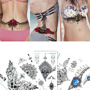 1sheet Chest Flash Tattoo 23models large flower shoulder arm Sternum tattoos henna body/back paint Under breast skull Black Fire
