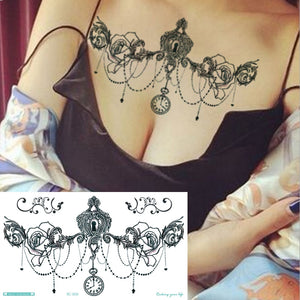1pc new Chest Flash Tattoo black lock clock choker necklace big shoulder arm Sternum tattoo henna body/waist paint Under breast