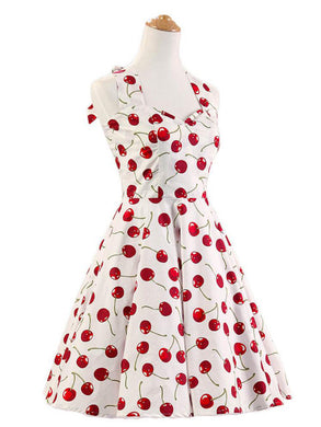 Halter Pin Up Audrey Hepburn 50s 60s Vintage Dress Retro Fashion Cherry Print Floral Swing Backless Rockabilly Summer Dresses
