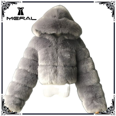 Hty High Quality Furry Cropped Faux Fur Coats and Jackets Women Fluffy Top Coat with Hooded