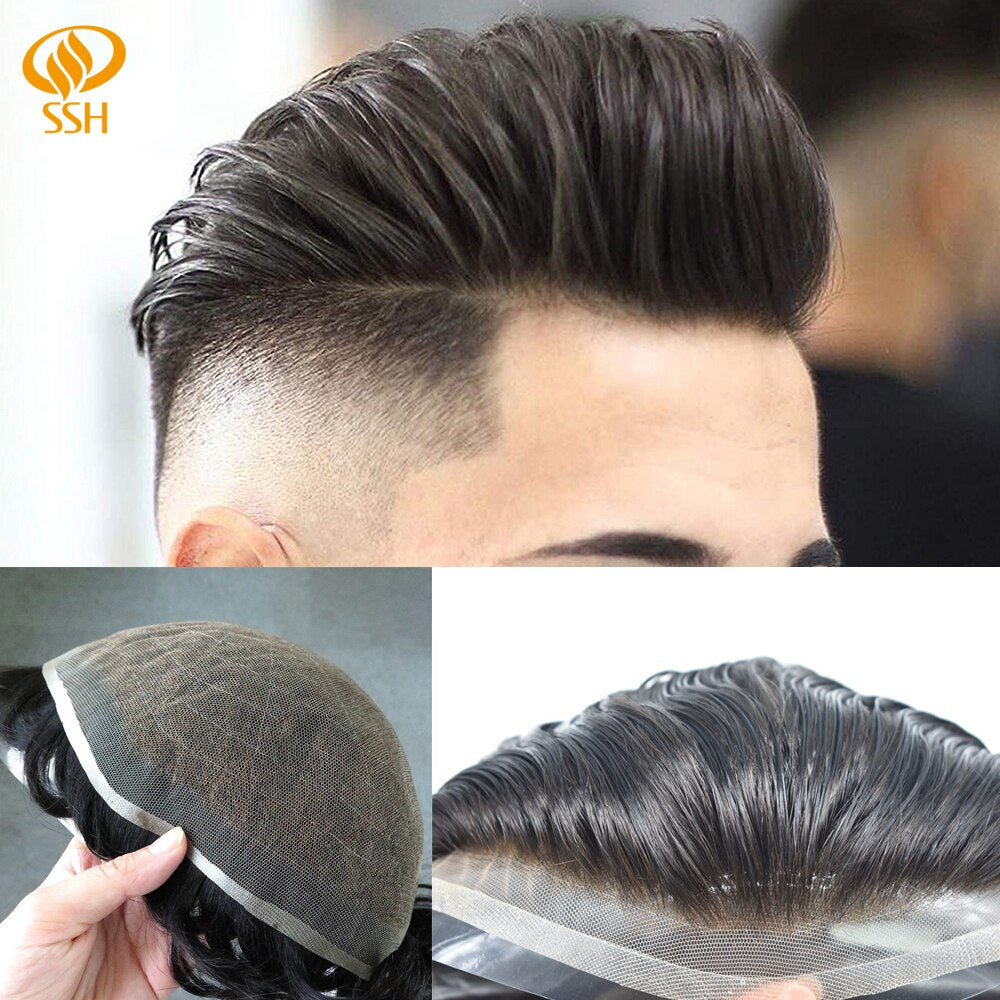 Men Wig French Lace Men's Hairpiece  Human Hair Bleached Knots Breathable Hair Replacement System Men Hair Toupee