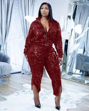 Load image into Gallery viewer, Perl Shinny Turn Down Collar Matching Set Curved Two Pieces Outfits Zipper Full Sleeve Top+pants Suit Plus Size Women Clothing