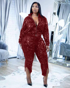Perl Shinny Turn Down Collar Matching Set Curved Two Pieces Outfits Zipper Full Sleeve Top+pants Suit Plus Size Women Clothing