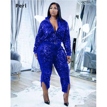 Load image into Gallery viewer, Perl Shinny Turn Down Collar Matching Set Curved Two Pieces Outfits Zipper Full Sleeve Top+pants Suit Plus Size Women Clothing
