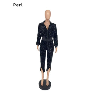 Perl Shinny Turn Down Collar Matching Set Curved Two Pieces Outfits Zipper Full Sleeve Top+pants Suit Plus Size Women Clothing