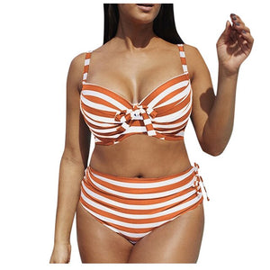 Plus Size Bikini Set 2020 Women Bow Striped Swimwear Brazilian Bikinis High Wasit Bathing Suit Women Push Up Biquini Beachwear
