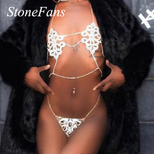 Stonefans Sexy Underwear Bra Set Rhinestone Body Chain for Women Charm Flower Shape Bra and Thong Set Crystal Lingerie Party