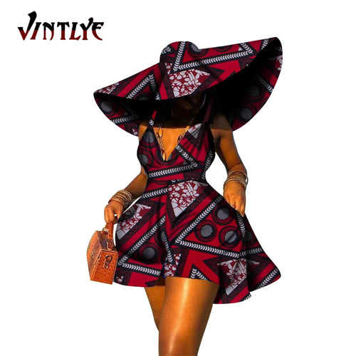 Women Summer Dress African Print Jumpsuit Sexy Sleeveless V-neck Short Pant with Hat Fashion African Clothes Lady Attire WY8844