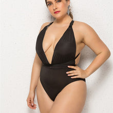 Load image into Gallery viewer, Women&#39;s Plus Size Summer Solid Color BalcK Deep Sling Monokini One-Piece Bikini Deep V Neck Swimsuit 5XL Backless Beach Dress