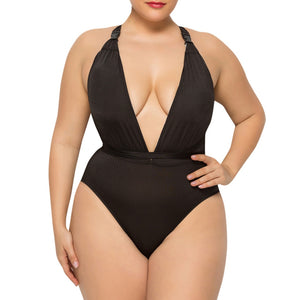 Women's Plus Size Summer Solid Color BalcK Deep Sling Monokini One-Piece Bikini Deep V Neck Swimsuit 5XL Backless Beach Dress