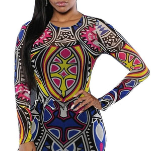 Plus Size Women Tribal Tattoo Print Mesh Jumpsuit Romper Curvy African Aztec Bodysuit Celebrity Catsuit Tracksuit Jumpsuit