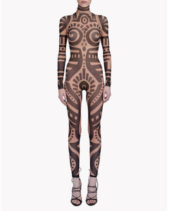 Plus Size Women Tribal Tattoo Print Mesh Jumpsuit Romper Curvy African Aztec Bodysuit Celebrity Catsuit Tracksuit Jumpsuit