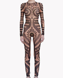 Summer Women VintageTribal Tattoo Print Mesh Jumpsuit Curvy African Runway Sheer Bodysuit Celebrity Jumpsuit Catsuit